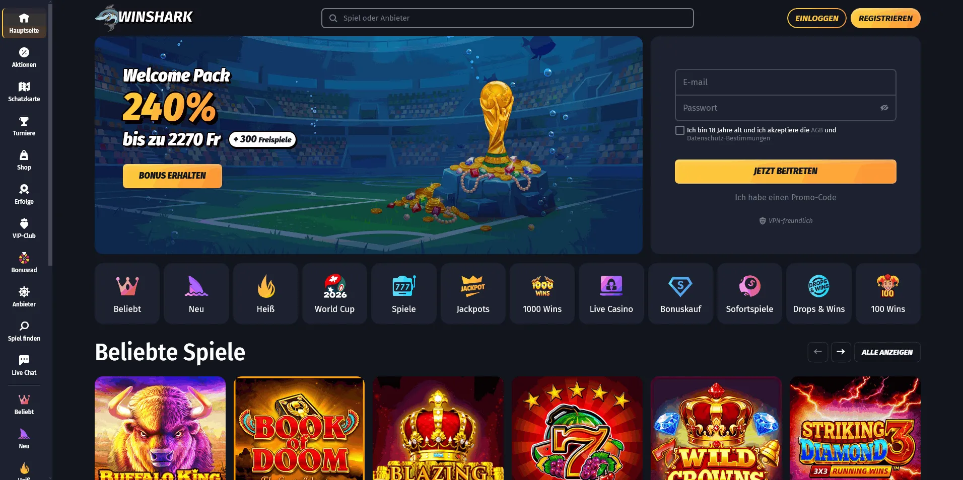 Winshark casino offers Winshark online casino homepage